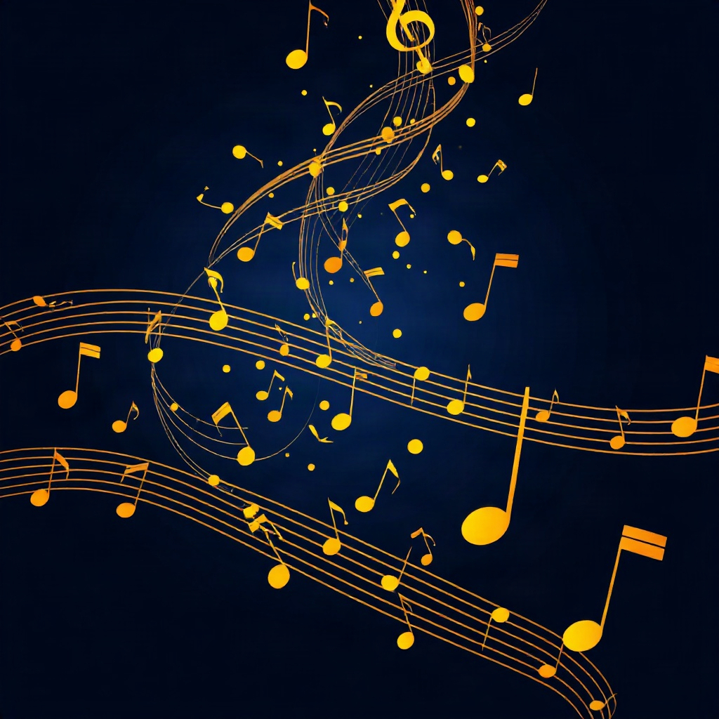 abstract musical score notes flowing like a river, golden on dark blue
