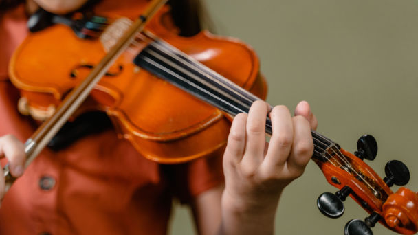 collection of violin, viola, and cello instruments hanging on a wooden wall, warm amber tones, class