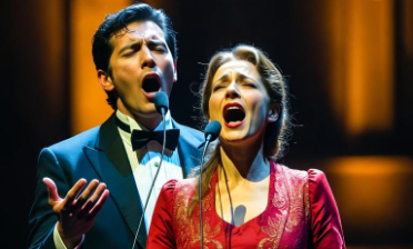 vocalist singing on stage, dramatic concert lighting, classical music performance