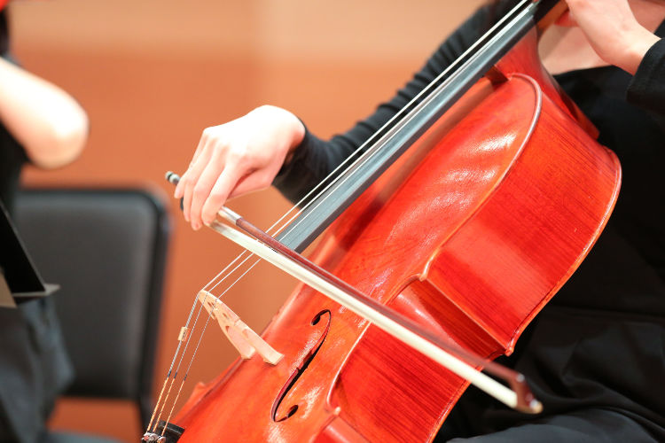 cello instrument upright in concert hall, rich dark wood, dramatic spotlight, classical music