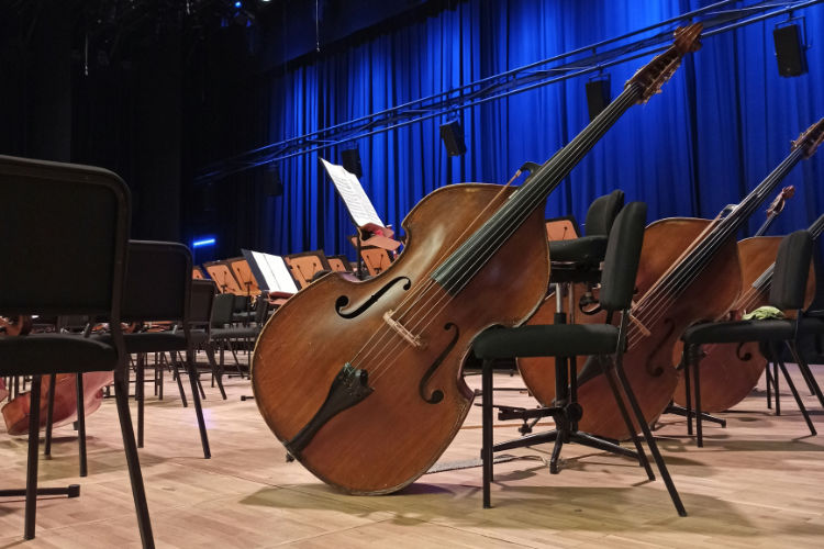 double bass upright against concert hall backdrop, tall dark wood instrument, moody classical music 
