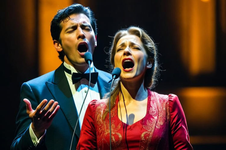 opera singer performing on stage, dramatic spotlight, elegant classical concert setting, expressive