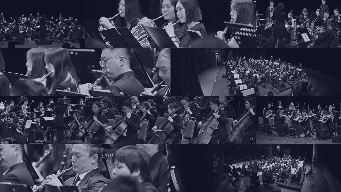cinematic wide shot of a grand symphony orchestra performing in a gilded concert hall, dramatic stag