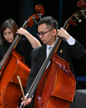 young violinist in formal concert attire playing in a warmly lit orchestra, intimate portrait, class