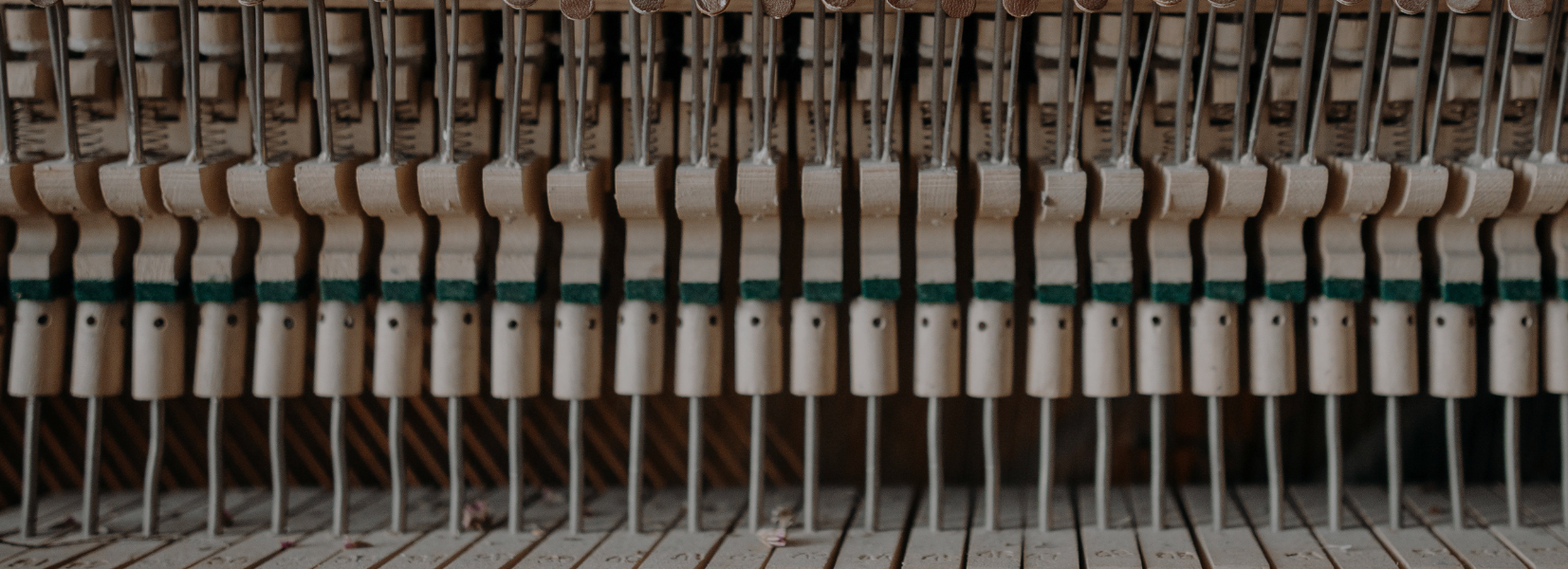 close up of piano internal strings and hammers, professional tuning tools, warm workshop lighting, c